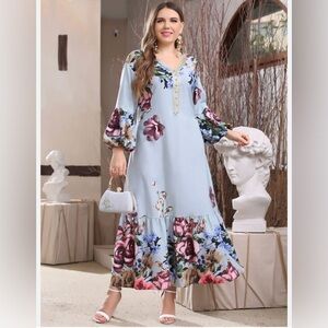 Shein - Floral Ruffle Hem Smock Maxi Dress